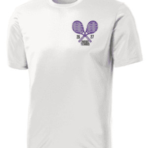 White t-shirt with purple crossed tennis rackets