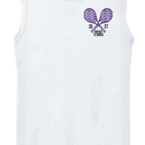 White sleeveless shirt with purple tennis graphic